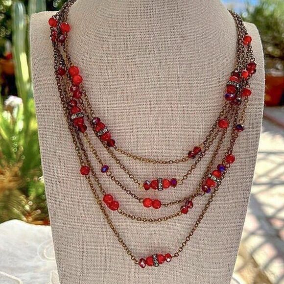 Coldwater Creek Multistrand Red & Brass Necklace - Picture 1 of 10